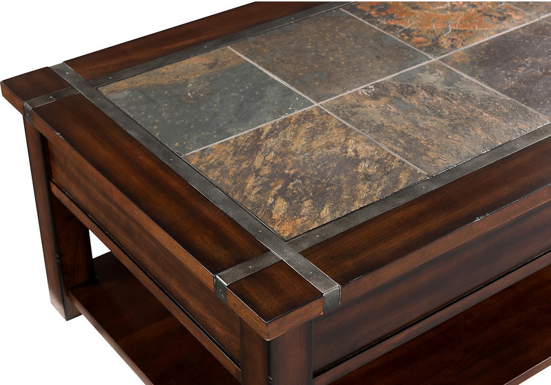 Roanoke 50\" Rustic Lift Top Coffee Table with Storage and Shelf - Dark Cherry Wood and Slate Inlay