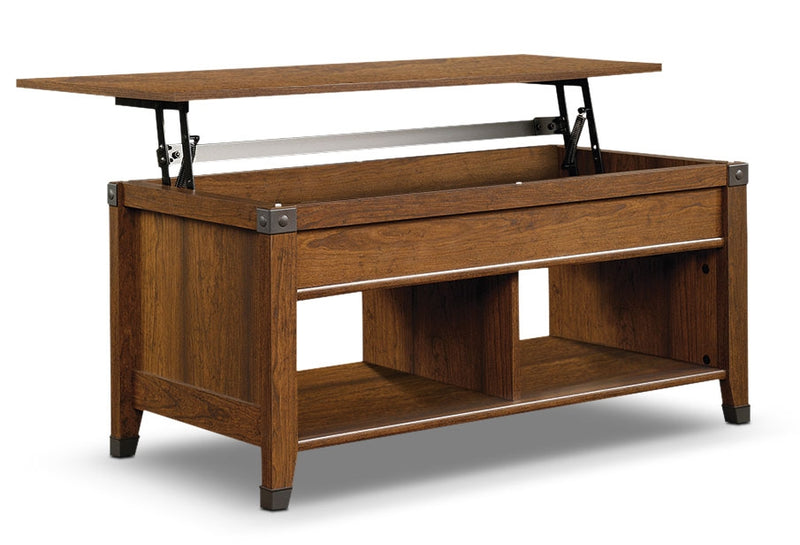 Carson 43.15\" Rustic Lift Top Coffee Table with Storage and Shelf - Cherry Wood with Metal Hardware