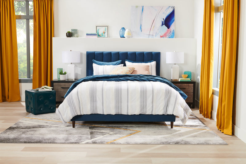 Kort & Co. Rain Upholstered Platform Bed in Blue Fabric, Tufted - Queen Size
