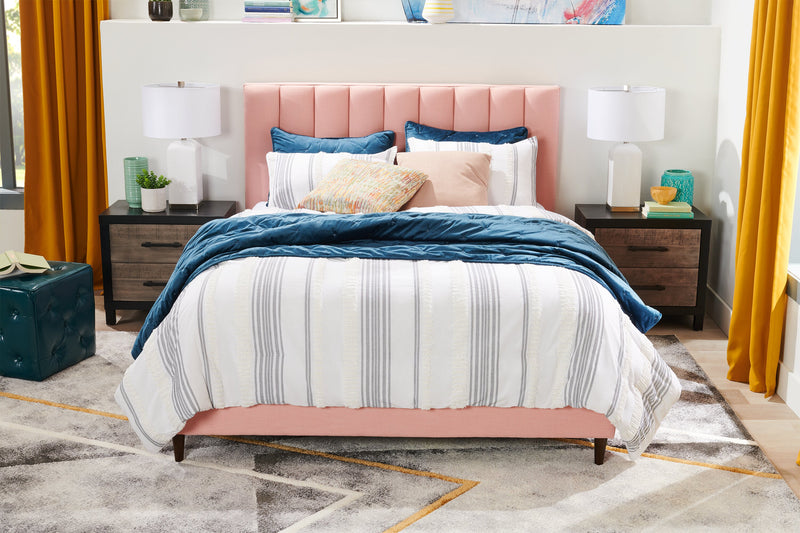 Kort & Co. Rain Upholstered Platform Bed in Pink Fabric, Tufted - Queen Size