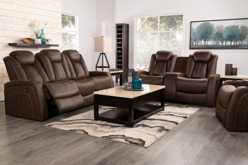 Ross 72.5\" Faux Suede Fabric Power Reclining Loveseat with Power Headrests and Storage Console - Chocolate Brown