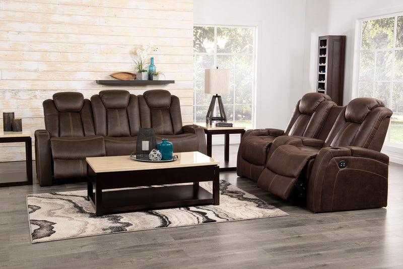 Ross 83\" Faux Suede Fabric Power Reclining Sofa with Power Headrests and Fold-Down Console - Chocolate Brown