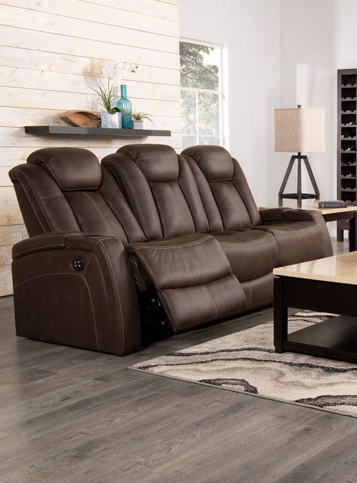 Ross 83\" Faux Suede Fabric Power Reclining Sofa with Power Headrests and Fold-Down Console - Chocolate Brown