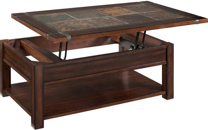 Roanoke 50\" Rustic Lift Top Coffee Table with Storage and Shelf - Dark Cherry Wood and Slate Inlay