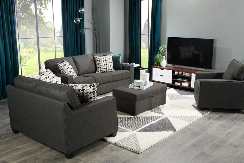 Made in Canada Sawyer 57\" Linen-Look Fabric Loveseat with Reversible Cushions and Accent Pillows - Charcoal Grey
