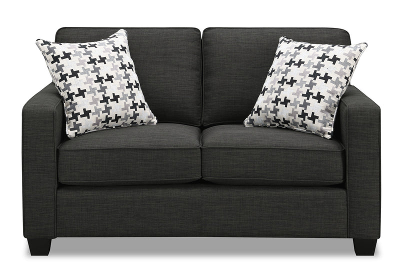 Made in Canada Sawyer 57\" Linen-Look Fabric Loveseat with Reversible Cushions and Accent Pillows - Charcoal Grey