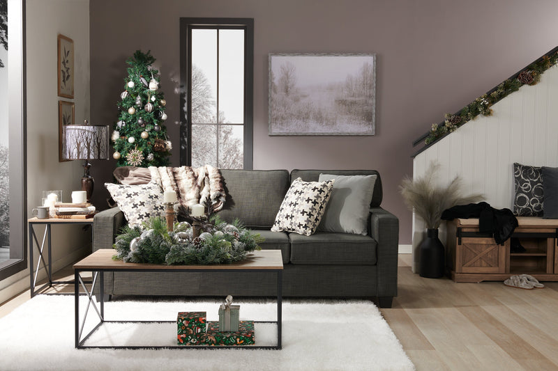 Made in Canada Sawyer 83\" Linen-Look Fabric Sofa with Reversible Cushions and Accent Pillows - Charcoal Grey