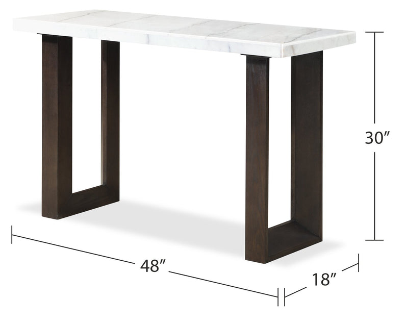 Silvia 48\" Modern Sofa Table - White and Grey Marble Look with Brown Wood Legs