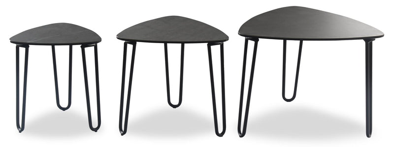 Hamilton 22\" Modern Triangular 3-Pack Nesting Tables - Grey Marble Look Top with Black Metal Legs