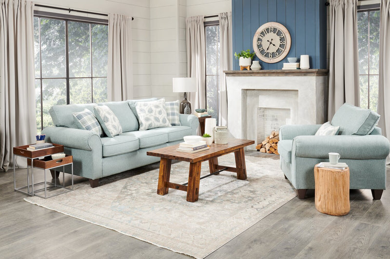 Made in Canada Scarlett 87\" Chenille Fabric Sofa with Rolled Arms and Accent Pillows - Marine Blue