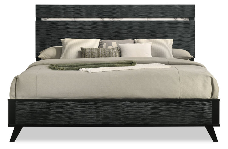 Atlas Panel Bed with Headboard & Frame, Mid-Century Modern, Black - King Size