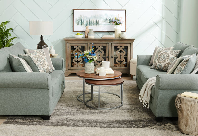 Made in Canada Tula 88\" Fabric Sofa with Rolled Arms and Accent Pillows - Mist Grey