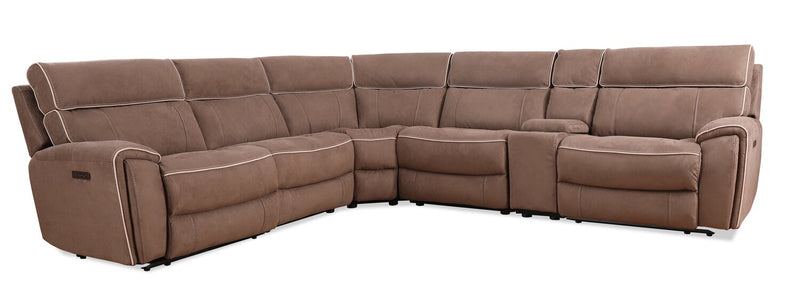 Cindy Crawford Home Newport 6-Piece Faux Suede Power Reclining Sectional with Storage Console and USB Port - Taupe