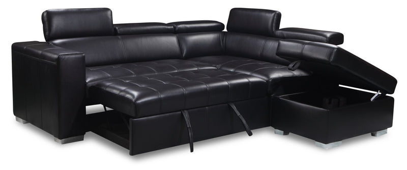 Drake 3-Piece Right-Facing Leather-Look Fabric Sleeper Sectional with Storage Ottoman - Black