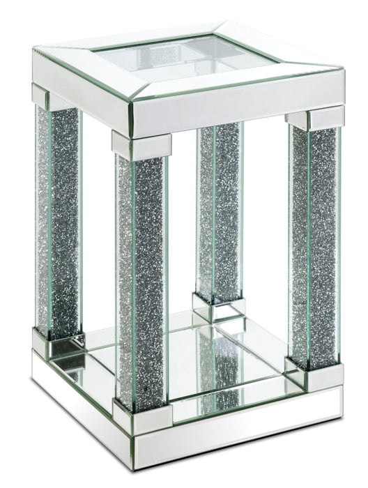 Berni 12\" Glam Mirror & Glass Top Chairside Table with Shelf - Silver Metal with Diamond Look Legs