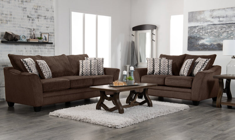 Made in Canada Febe 100\" Chenille Fabric Queen-Size Sofa Bed with Flared Arms and Accent Pillows - Brown