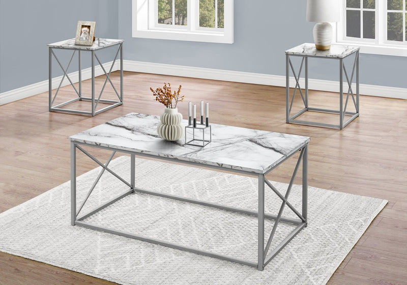 Kasey 42.25\" Modern 3-Pack Coffee + 2 End Tables - White Marble Look with Grey Metal Base