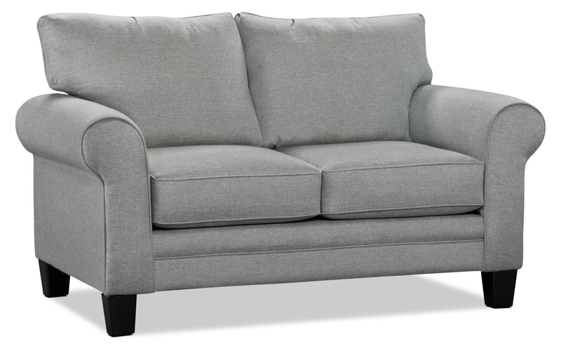 Made in Canada Tula 65\" Fabric Loveseat with Rolled Arms and Accent Pillows - Mist Grey