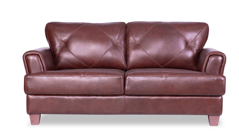Chateau d’Ax Vita 70\" 100% Genuine Leather Loveseat with Diamond Pattern Stitching and Wood Legs - Brown