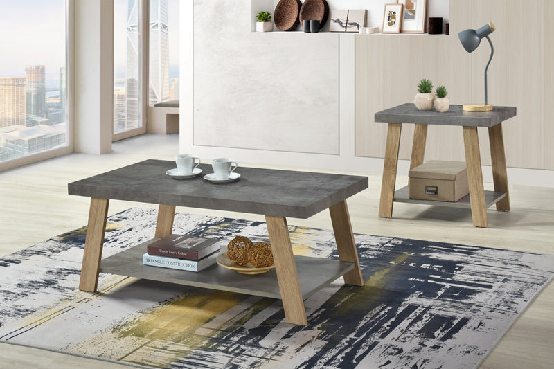 Kelly 43.3\" Modern Coffee Table with Shelf - Grey Stone Top with Light Wood Legs