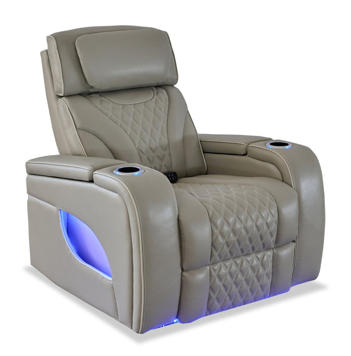 Elite 38\" Genuine Leather Massage Power Reclining Chair with Power Headrest and Storage Armrests - Grey