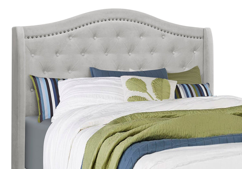 Penelope Upholstered Wingback Bed in Grey Velvet Fabric with Nailhead Design, Button Tufted - Queen Size