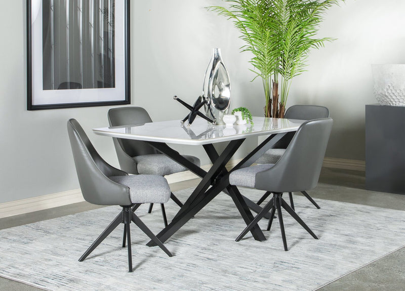 Bari Dining Table with Marble-Look Ceramic Top, Metal, Geometric Base, 63\"W - White
