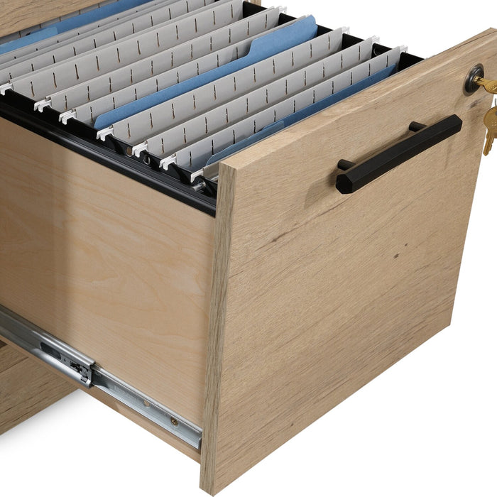 Akira 65.12\" L-Shaped Office Desk with Keyboard Tray, 3-Drawers & Cabinet - Prime Oak