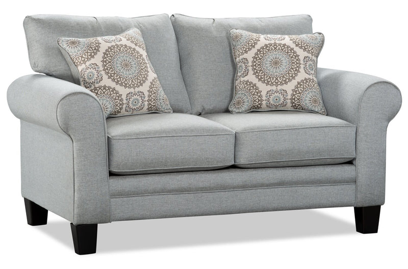 Made in Canada Tula 65\" Fabric Loveseat with Rolled Arms and Accent Pillows - Mist Grey