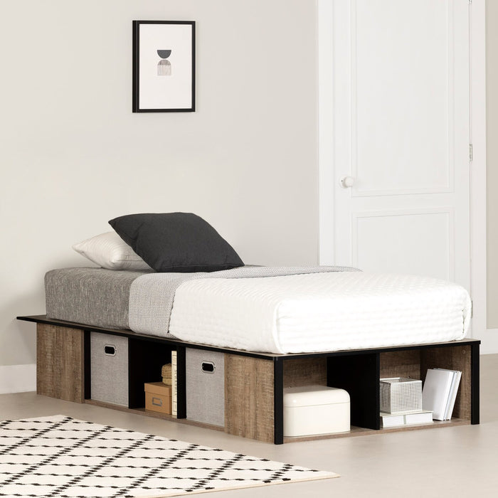 Everley Platform Bed with Built-in Storage & Baskets, Weathered Oak & Matte Black - Twin Size