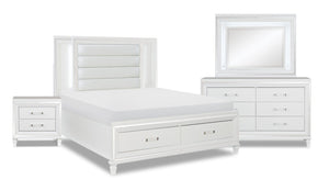 Max 6pc Bedroom Set with Storage Bed, Dresser, Mirror & Nightstand, LED, Glam, White - King Size