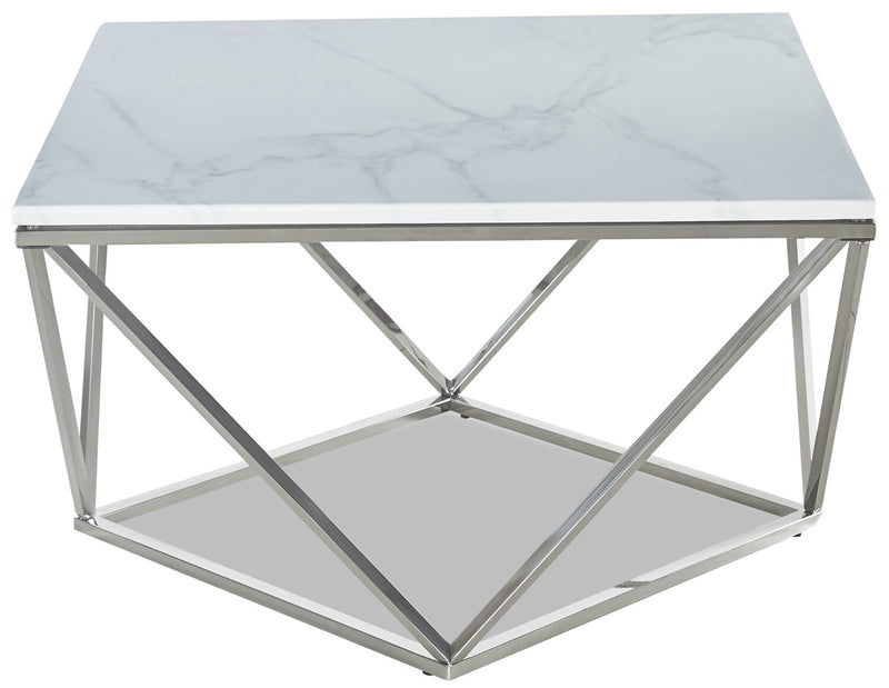 Amanda 31.5\" Modern Square Coffee Table - White Marble Top with Chrome Metal Base