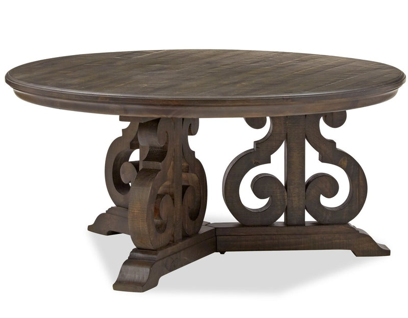 Bellamy 40\" Traditional Round Coffee Table - Dark Brown Pine with Scroll Design Wood Base
