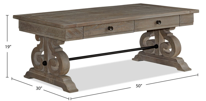 Tinley Park 50\" Traditional Coffee Table with Storage and Shelf - Grey-Brown Pine with Scroll Design Base