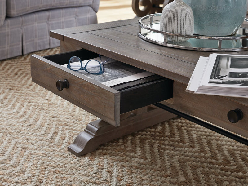 Tinley Park 50\" Traditional Coffee Table with Storage and Shelf - Grey-Brown Pine with Scroll Design Base