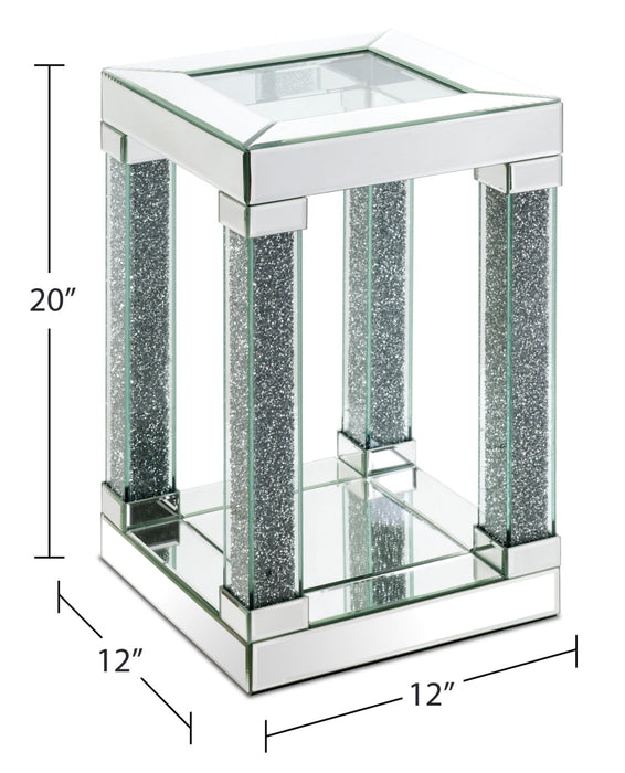 Berni 12\" Glam Mirror & Glass Top Chairside Table with Shelf - Silver Metal with Diamond Look Legs