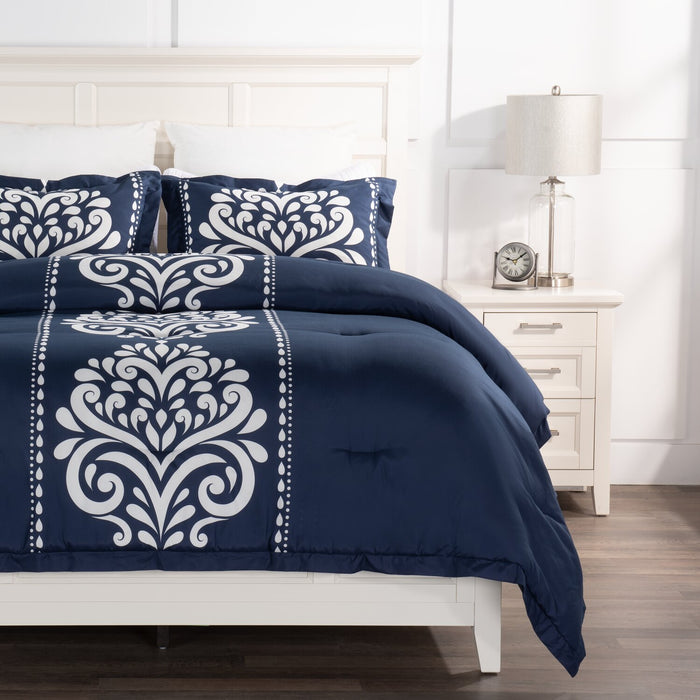 Navy Damask 3-Piece King Comforter Set