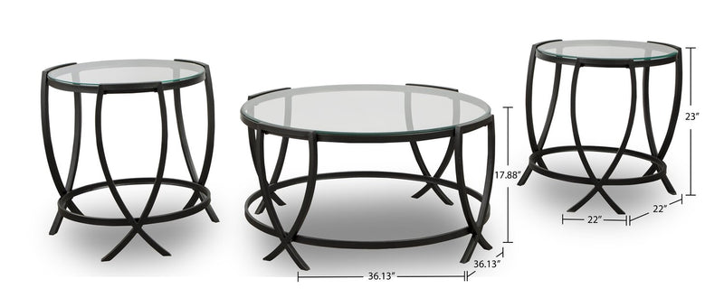Tarrin 36.13\" Modern Round 3-Pack Coffee + 2 End Tables - Glass Top with Metal Legs
