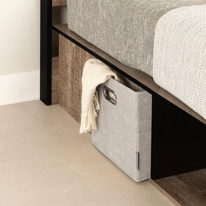 Everley Platform Bed with Built-in Storage & Baskets, Weathered Oak & Matte Black - Twin Size
