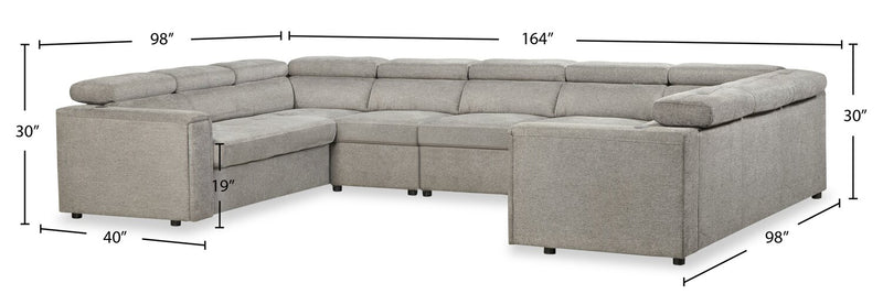 Savvy 5-Piece Linen-Look Fabric Sectional with Adjustable Headrests, Cupholders and USB Port - Grey