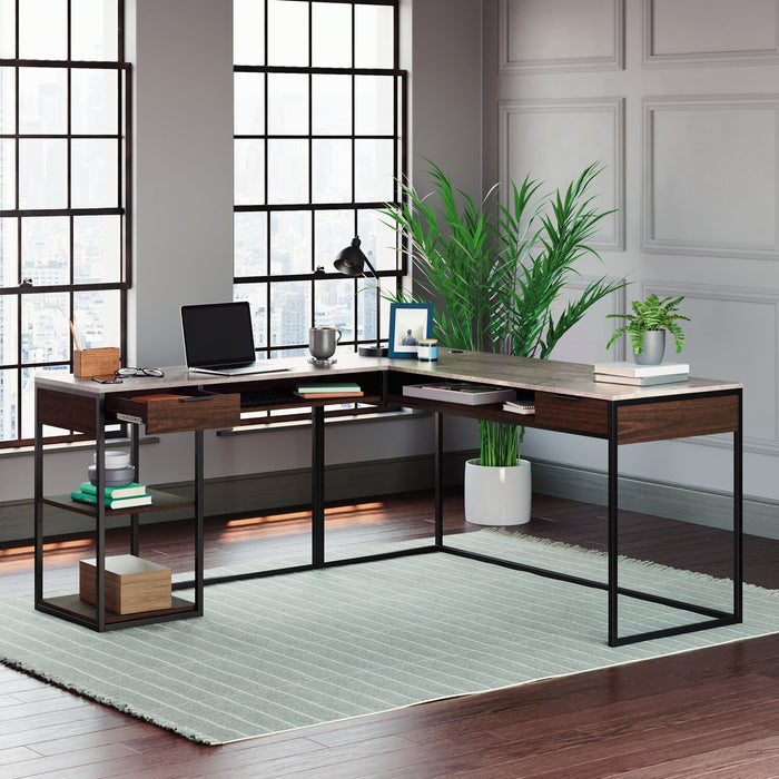 Maxim 65.98\" L-Shaped Office Desk with 2-Drawers, Cubbyholes & Shelves - Umber Wood