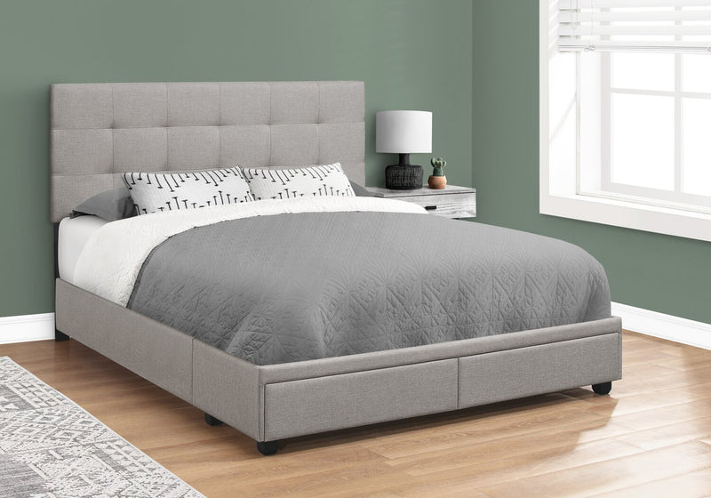 Minka Upholstered Storage Platform Bed in Grey Fabric, Tufted - Queen Size