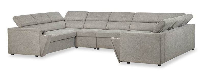 Savvy 5-Piece Linen-Look Fabric Sectional with Adjustable Headrests, Cupholders and USB Port - Grey