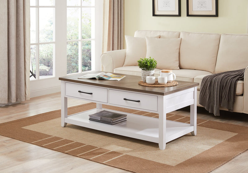 Kort & Co. Logan 23.25\" Traditional Coffee Table with Storage and Shelf - White and Walnut Oak
