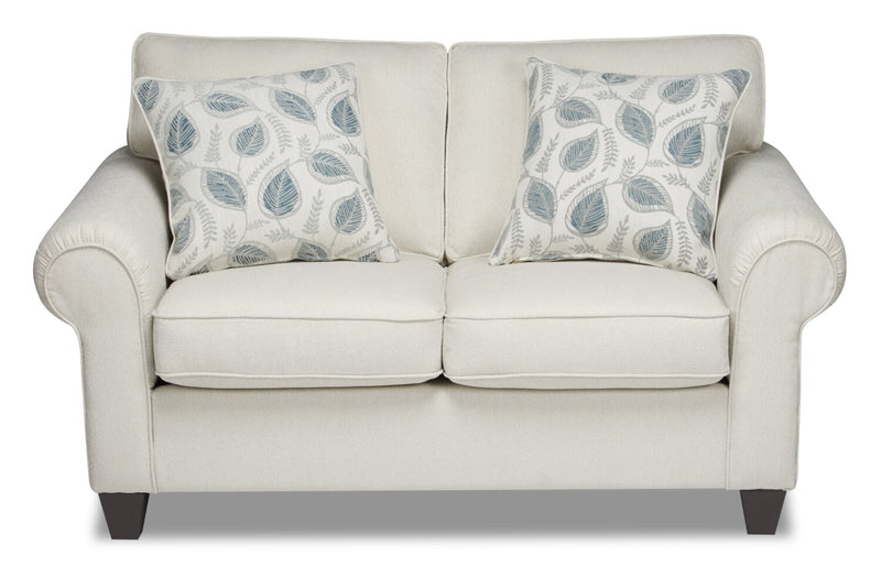 Made in Canada Scarlett 64\" Chenille Fabric Loveseat with Rolled Arms and Accent Pillows - Ecru Beige