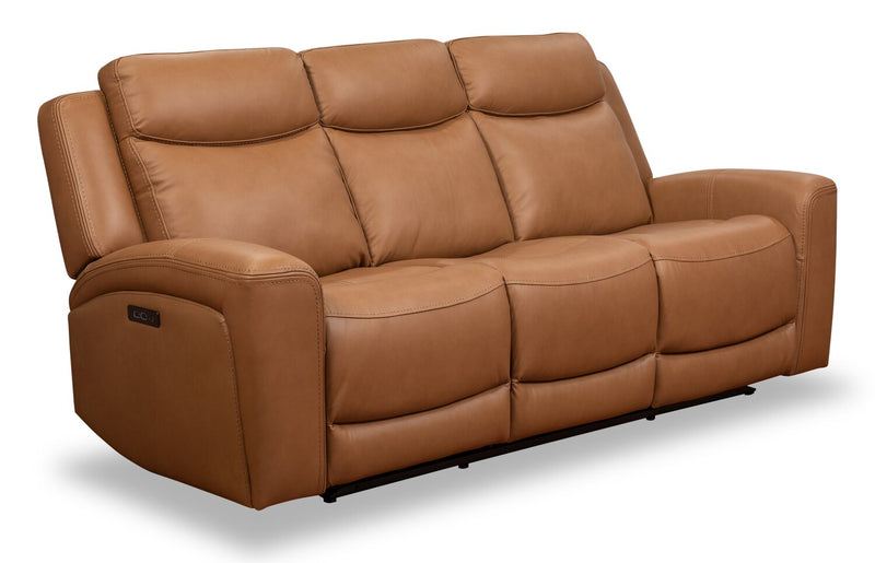 Scott Living Prescott 88.5\" Genuine Leather Power Reclining Sofa with Power Headrests - Butternut Brown