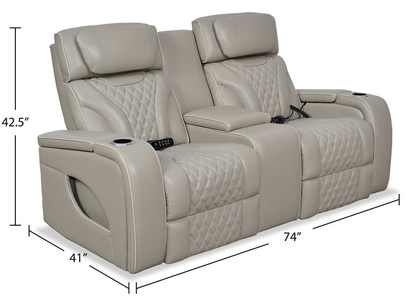 Elite 74\" Genuine Leather Massage Power Reclining Loveseat with Power Headrests and Storage Arms - Grey