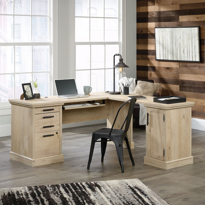 Akira 65.12\" L-Shaped Office Desk with Keyboard Tray, 3-Drawers & Cabinet - Prime Oak