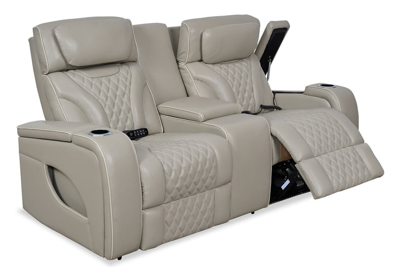 Elite 74\" Genuine Leather Massage Power Reclining Loveseat with Power Headrests and Storage Arms - Grey