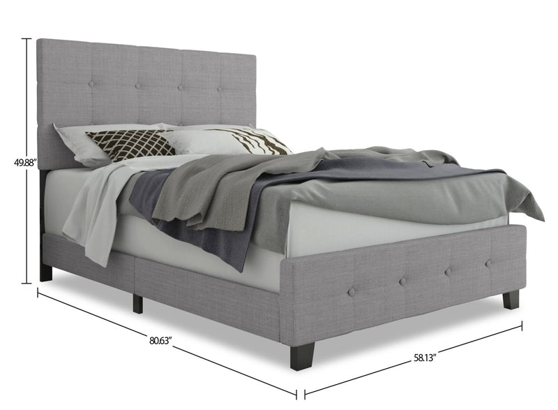 Page Upholstered Bed in Grey Linen-Look Fabric, Button Tufted - Full Size